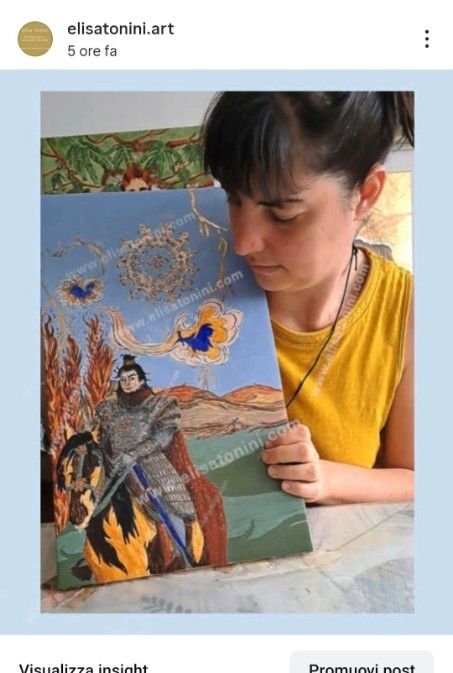 Photo of me, Elisa Tonini, the author, with my artwork on panel n° 1 called "The vital energy".
I portrays a chinese/mongolian warrior on horseback. He's wearing an armor. Behind him, on the left, there are some flames and above him there is a sun , two clouds and a lightning. 
In the distance, traveling towards right there is another man running on horseback too.
Features imitaton gold leaf and copper leaf