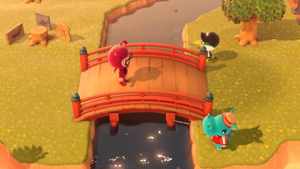 Screencap from animal crossing. The poster’s avatar is standing on a bridge. Across from them, the characters Admiral (a green bird) and Bertha (a blue hippo) are sitting on either side of the bridge, fishing 