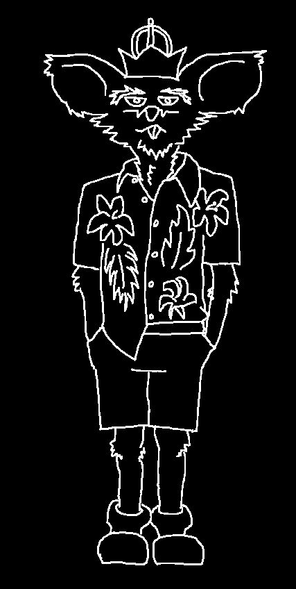A large-eared anthropomorphic rat wearing a crown and floral-print button-up shirt, hands in his shorts pockets and a faint smug smirk on his face.