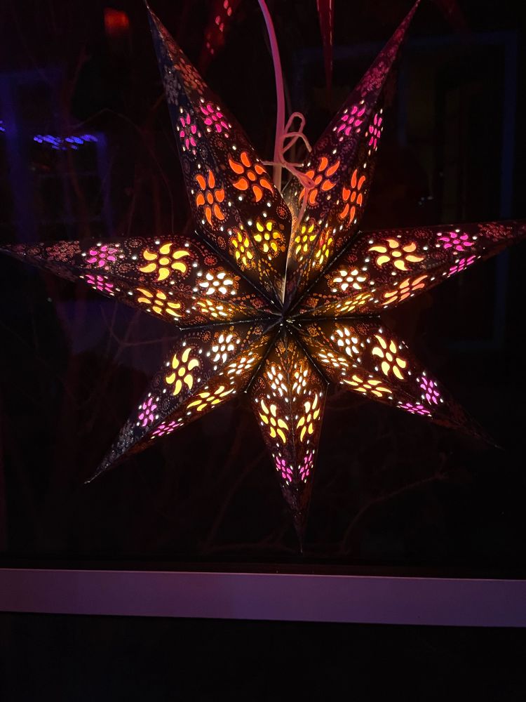 Ein dunkler Weihnachtsstern mit ausgestanzten blumenartigen Symbolen, die in rosa, rotorange und gelb leuchten.