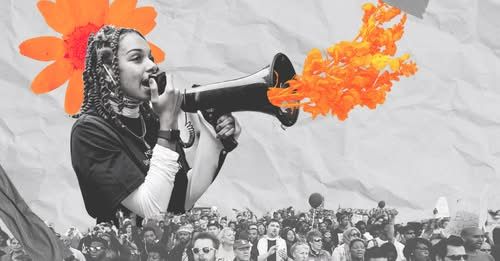 Illustration of BIPOC woman speaking through a megaphone, with flames coming out the other end. A large group of protestors stand beneath her. 