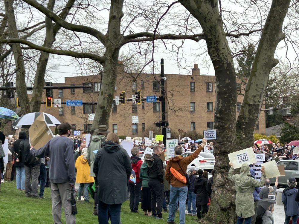 An assortment of people gathered, many with protest signs (and umbrellas), at the corner of Shady Ave and Fifth Ave in Pittsburgh.