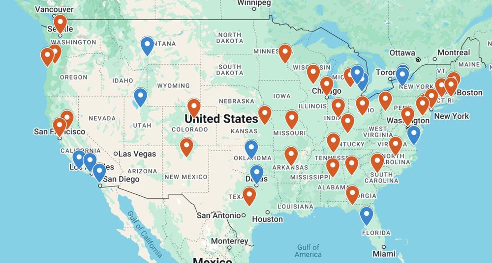 Screenshot of the US map on the Stand Up for Science website showing the locations of places across the country where local rallies will be held on March 7.