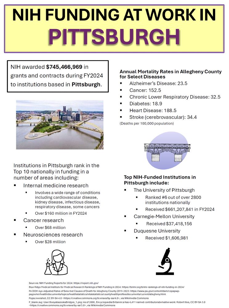 A fact sheet for Pittsburgh that is in a somewhat similar layout and with similar sections to the state-focused NIH fact sheets available from United for Medical Research. There is text in the top left noting the amount awarded by NIH to Pittsburgh institutions in FY2024 ($745,466,969). There are also 3 bulleted sections that: show a breakdown for Pitt, Carnegie-Mellon, and Duquesne; list a few research areas where Pittsburgh ranks in the top 10 for funding (internal medicine, cancer, neurosciences), and a section that includes annual mortality rates for select diseases in Allegheny County.
