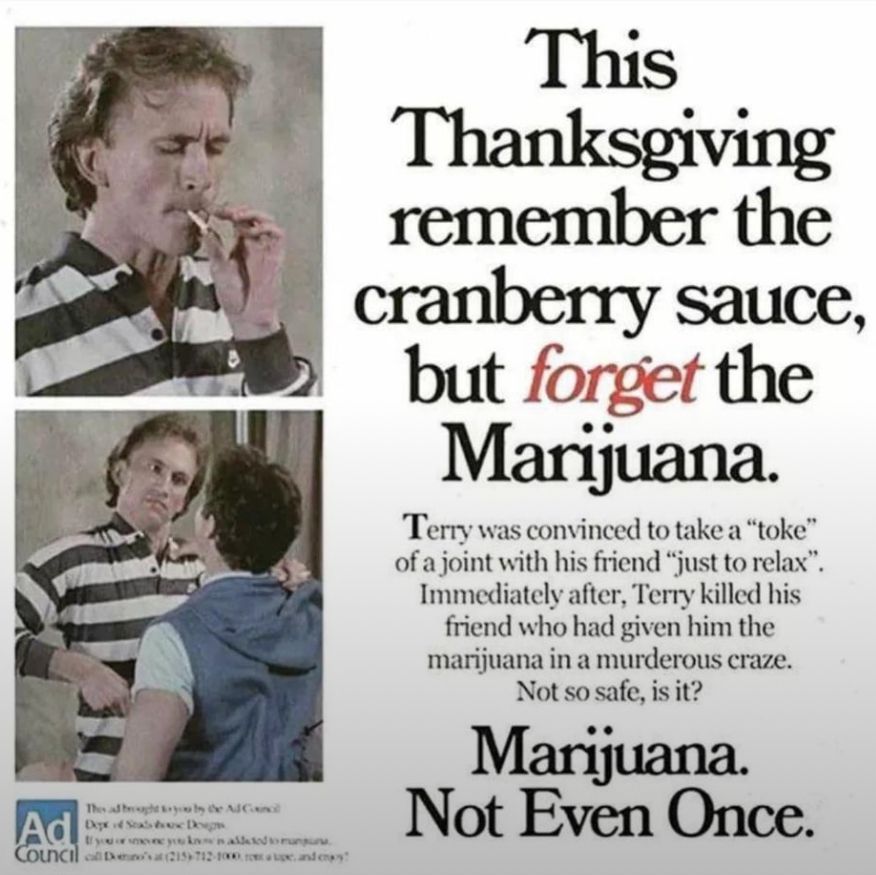 This Thanksgiving remember the cranberry sauce, but *forget* the Marijuana. 

Terry was convinced to take a “toke” of a joint with his friend “just to relax.” Immediately after, Terry killed his friend who had given him the marijuana in a murderous craze. Not so safe, is it?

Marijuana. Not Even Once