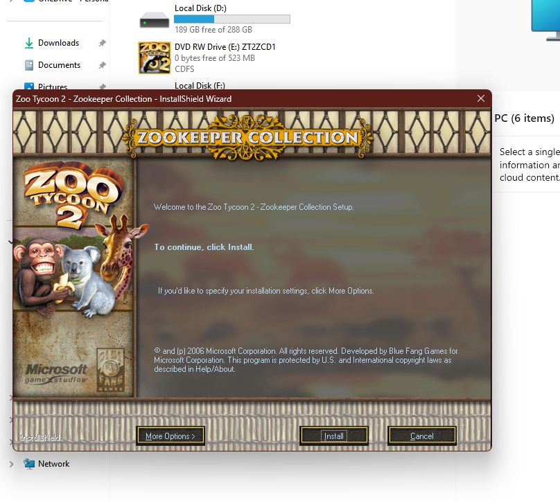 Cropped screenshot of the Zoo Tycoon 2 game installation window
