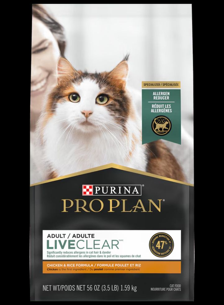 Bag of Purina Pro Plan LiveClear Chicken & Rice dry cat food, formulated to reduce allergens in cat hair and dander