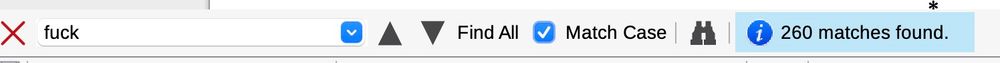 A Ctrl+F search in a word processor for "fuck" with 260 matches found