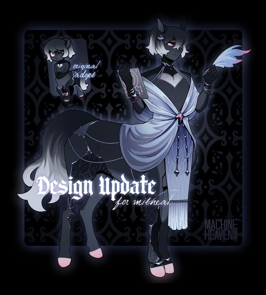 A commissioned digital illustration of a black centaur, criss-crossed kintsugi style with silvery material that bonds patterned pieces of their repaired body together. They wear a shimmery silver gown across the humanoid portion and are adorned with pearls. They look a bit concerned as they hold a tablet and scribe's quill. This is an expansion of the original design, a much smaller cutesy version with more stylized markings and no outfit shown top right. The text reads, "Design Update: for Mitheal". 