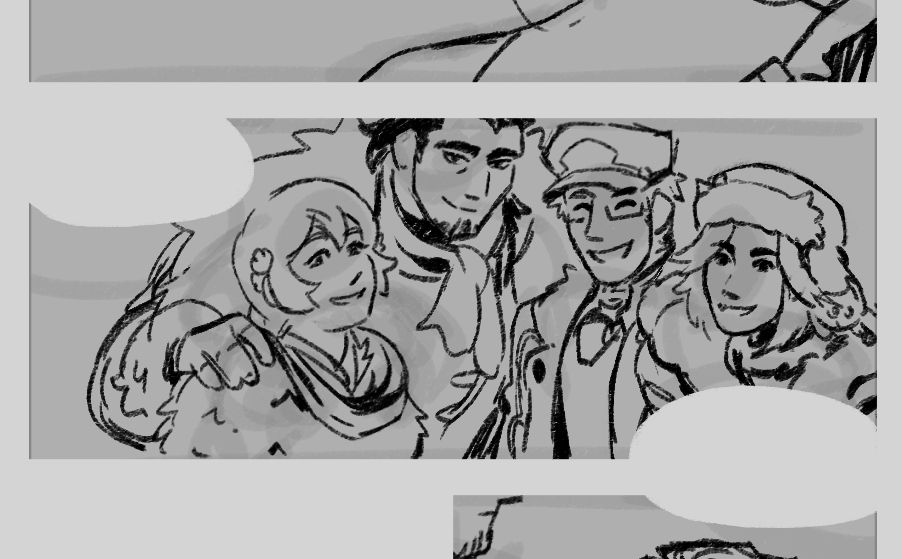 digital sketch of a comic panel with the text removed. four people dressed in warm winter clothing pose together as if for a photo. why they do this in a time that seems to predate photography we will never know.