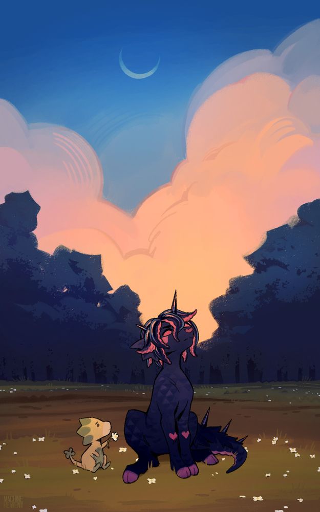 (3) As the sun rises, the black pouflon has found an open meadow to sit in sullen silence, staring up at the sky to watch the crescent moon fade away. The dragon-pet has caught up with him, but its offered flower is ignored.