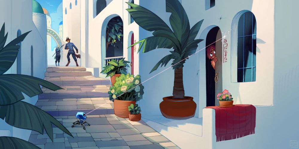 A digital painting of whitewashed houses packed together in a coastal town, sprinkled with potted plants. Two city guards look down the walkway in trepidation at a tiny robot, which fires a beam at a local resident hiding behind their front door. If not for the threatening little guy it would be a nice afternoon!