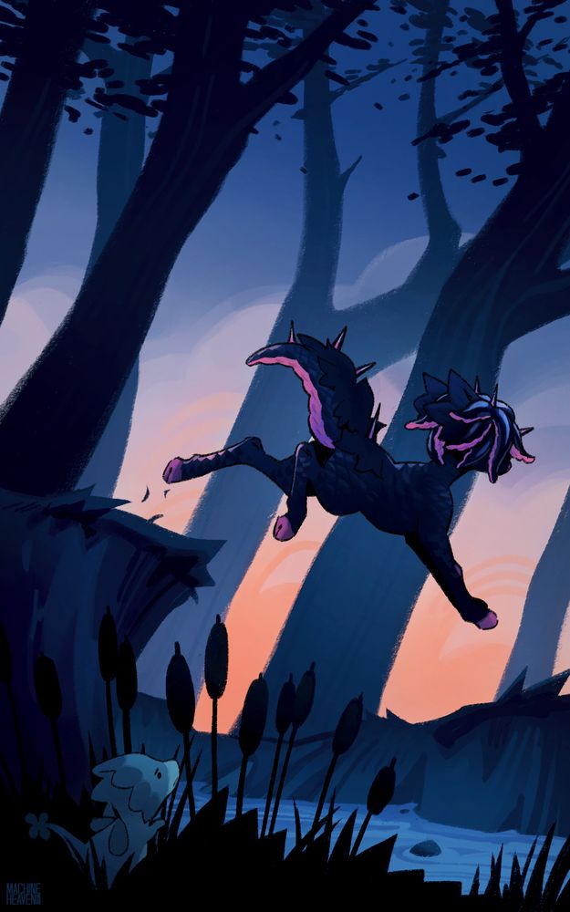 (2) Predawn light has filled the sky now as the black pouflon leaps a quiet creek. In the foreground, the dragon-pet has followed after him, worried.