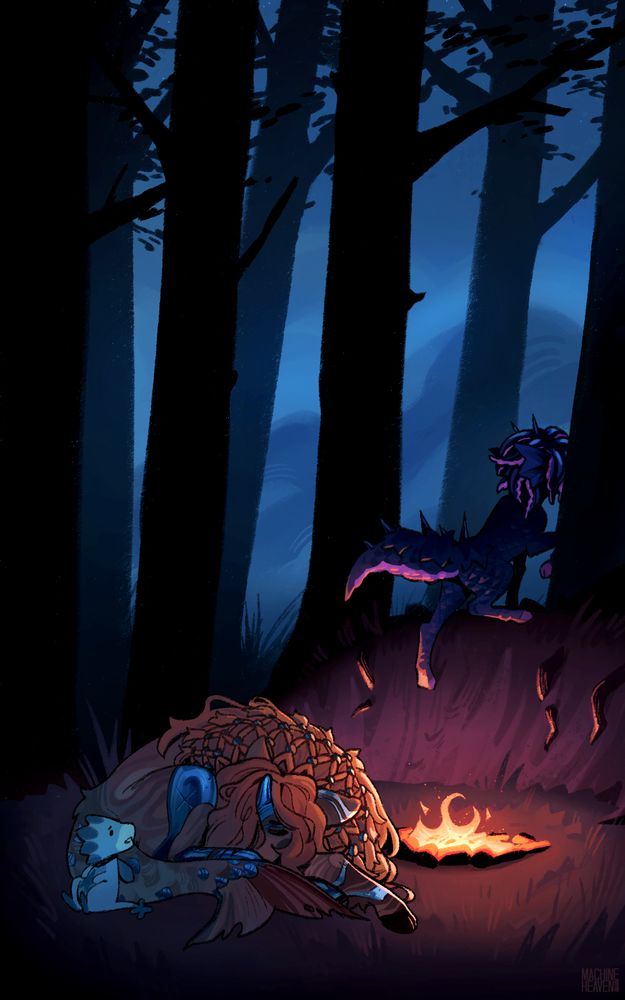 (1) A digital painting of a low campfire among the trees, just as the night sky begins to lighten. One character, a goat-like creature with crystalline scales, sleeps unawares; the other creature, with slick black scales and tentacles for hair, disappears into the woods. A tiny dragon pet wakes up to see him leave, concern on its features.