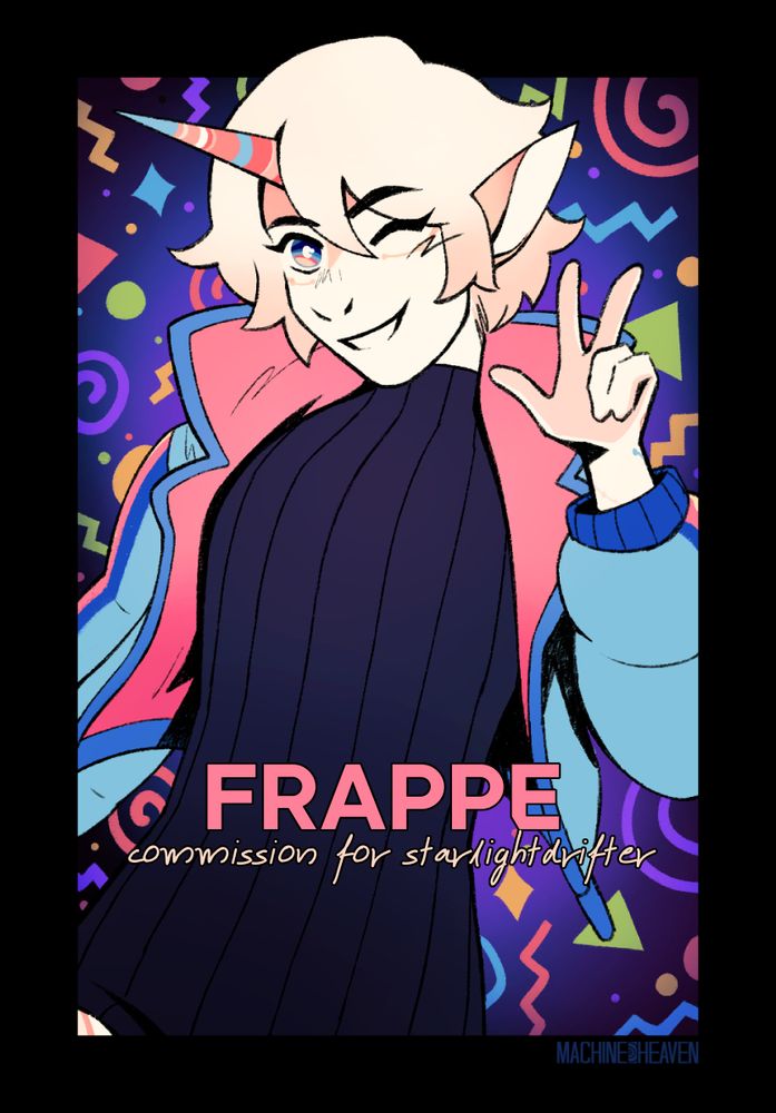 Commissioned artwork of an anthro unicorn character, posing cutely in front of an arcade-carpet style background. Text reads, "Frappe: commission for starlightdrifter."