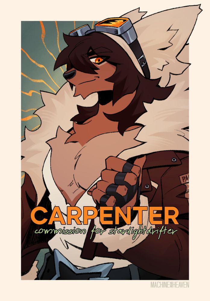 Commissioned artwork of an anthro canine character in a fur and leather jacket, eyeing the viewer with a cool smile. Text reads, "Carpenter: commission for starlightdrifter."