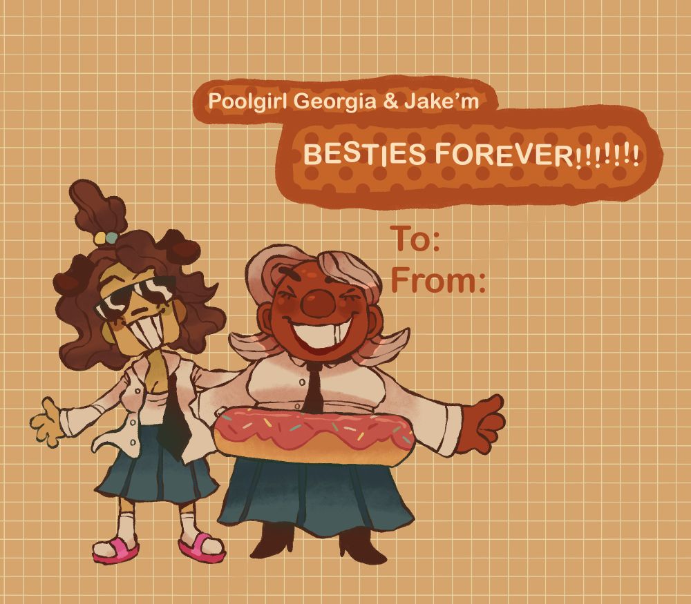 A Valentine's Day card featuring Poolgirl Georgie and Jake'm holding each other while yelling, "Besties Forever!" in all caps with an obscene amount of exclamation points.