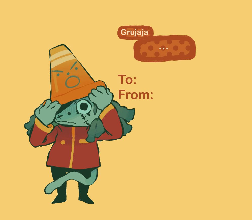 A Valentine's Day card featuring Grujaja standing and looking at the viewer with his cone half raised. He doesn't say anything.