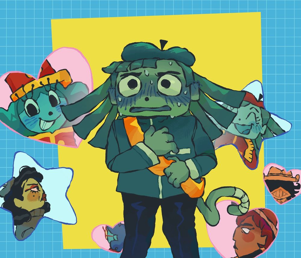 A redraw of the "Go for it, Nakamura!" image with Capochin in the center, flustered and clutching his sash. In the heart and star outlines around him is Inspekta, Vibiano, Colonel Extraño, Godpoke, Razzmatazz, and Hector.