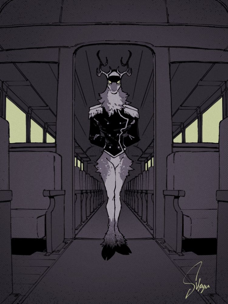 Janus, a fae and current stationmaster of The Train, stands beneath a door in a rail-carriage hallway.