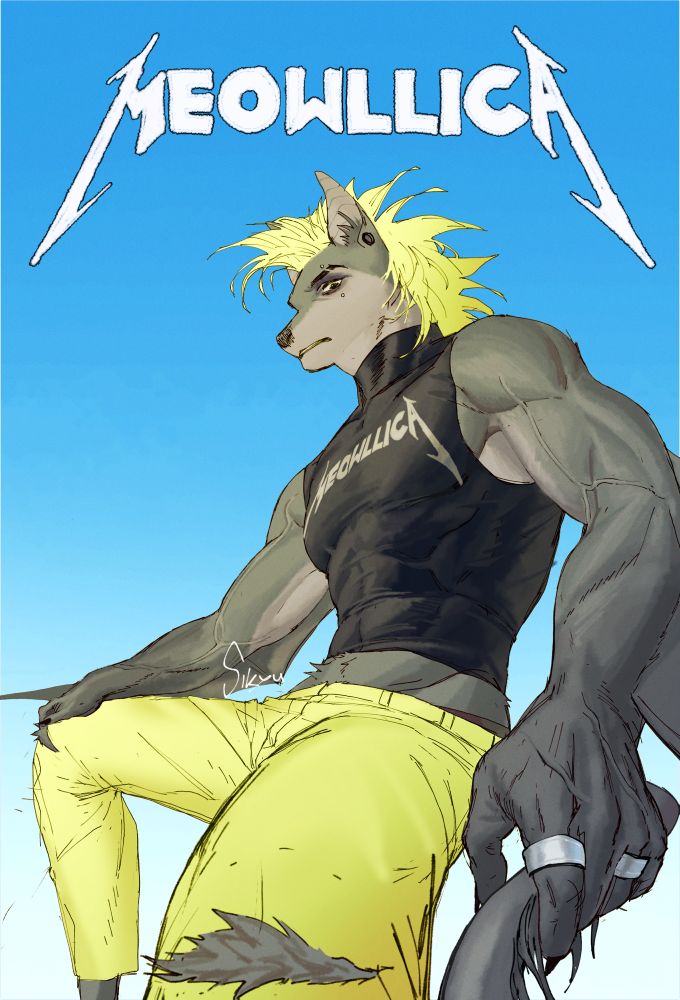 A bat-like anthro with bright yellow hair, piercings, a black “Meowllica” tank top, and yellow trousers. Edgy boyo.

Gift was made for the Artfight Discord’s Draw To Adopt.