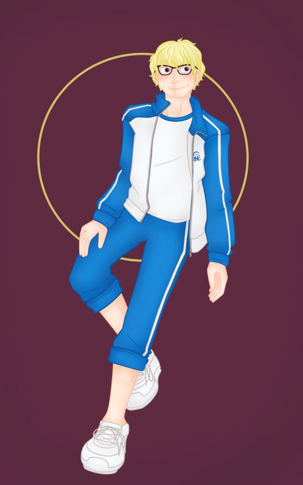 A digital illustration of corazon from one piece wearing a marine issue track suit, against a red background with a gold hoop behind him. He has no makeup, and instead wears a pair of glasses and has a closed mouth smile