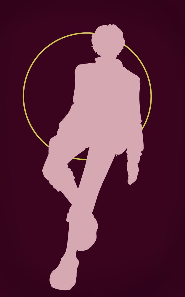 The silhouette of corazon against a red background with the gold hoop behind him