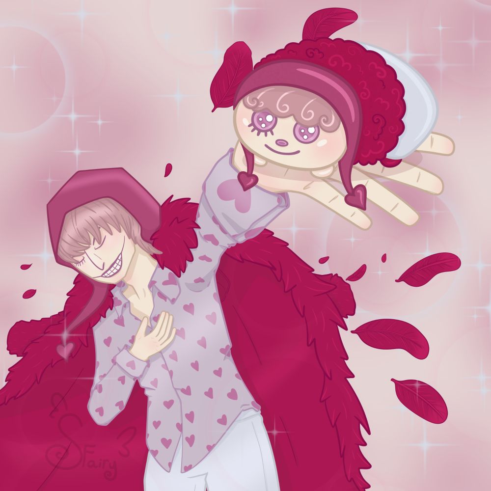 A digital illustration of corazon from one piece in various shades of pink, he has his eyes closed in a smile and is holding a mugi mugi plush of himself towards the viewer. The background is somewhat sparkly and glory, the whole image is very pink