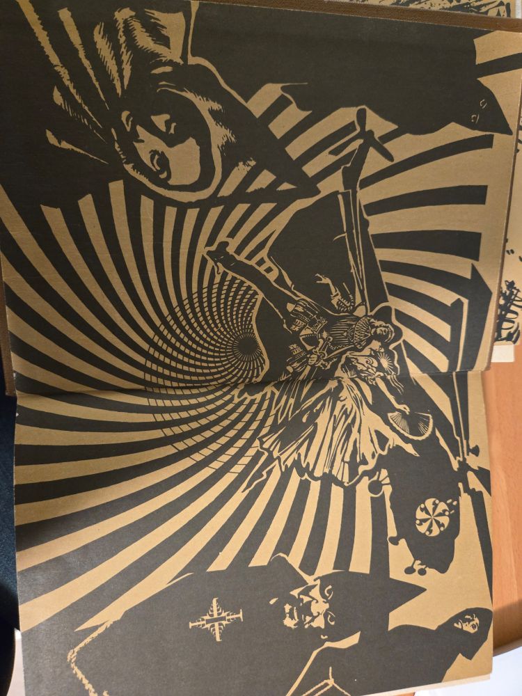 Psychedelic swirling design featuring book characters