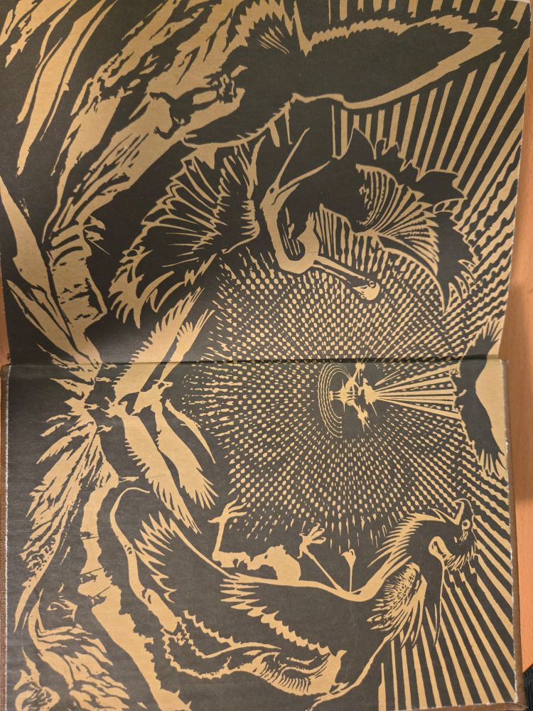 Psychedelic book design of a space craft landing in a sea full of birds