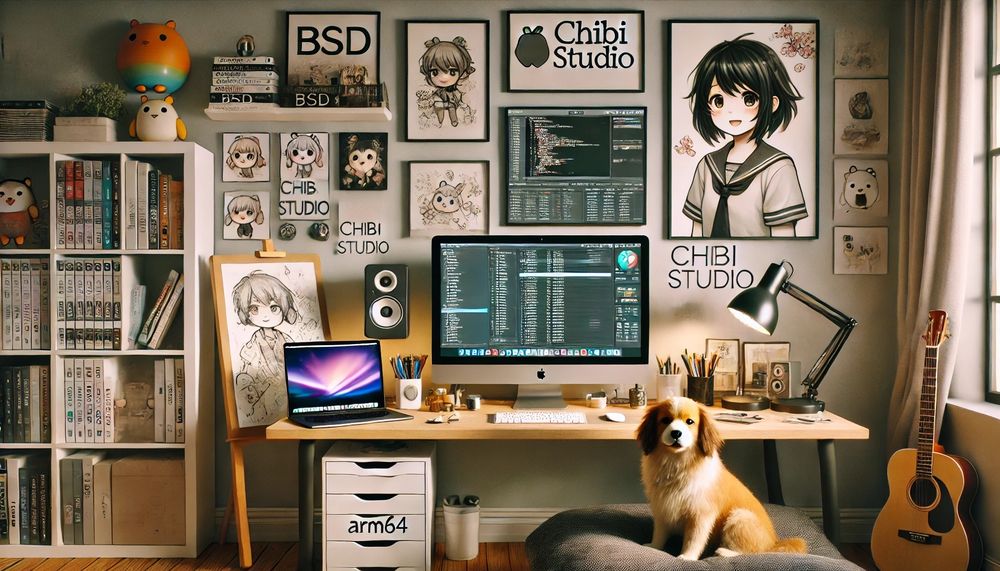 The image shows a cozy, modern workspace with a MacBook running Xcode, a monitor displaying an ARM64 virtual machine, and art supplies for creative projects like anime sketches. A dog sits by the desk, and shelves in the background hold tech books, gaming consoles, and a framed BSD mascot. The space is warm, organized, and inviting.