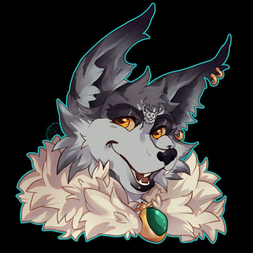 A Vulpera with grey and black slightly spiky fur, Orange eyes and wearing a fur collar named Tantei.