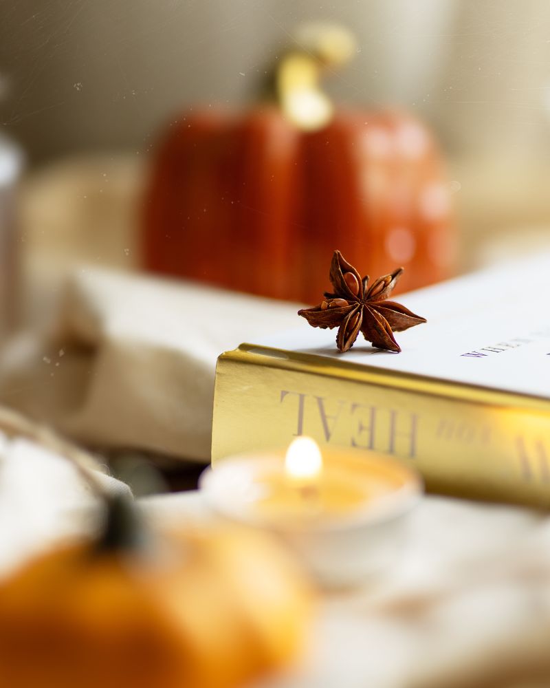 Nahaufnahme eines Buchrückens mit dekorativen Herbstelementen. Kleiner Kürbis mit brennendem Teelicht liegen im Vordergrund. Ein größerer Kürbis im Hintergrund. Die warmen Farbentöne fügen eine angenehme Atmosphäre hinzu.