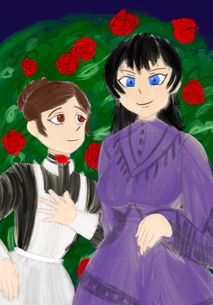 Two women in front of a rosebush in a stylistic cartoonish painting themed piece of art. One woman has striking black hair and wears a purple gown on the right side of the portrait. Her face has a slight smirk to it, making it easy to tell that she’s a haughty upper-class noble. To her left swas a shorter maid, her brunette hair curled behind her head in a bun. The maid has a gentler smile, and seemed to be subtly staring at the lady, as if giving her all her attention. She’s wearing a very noteworthy choker too, with a rose themed gem in the center. The lady is Lucinda Rosewood and the maid is Rosalind Pemberton.