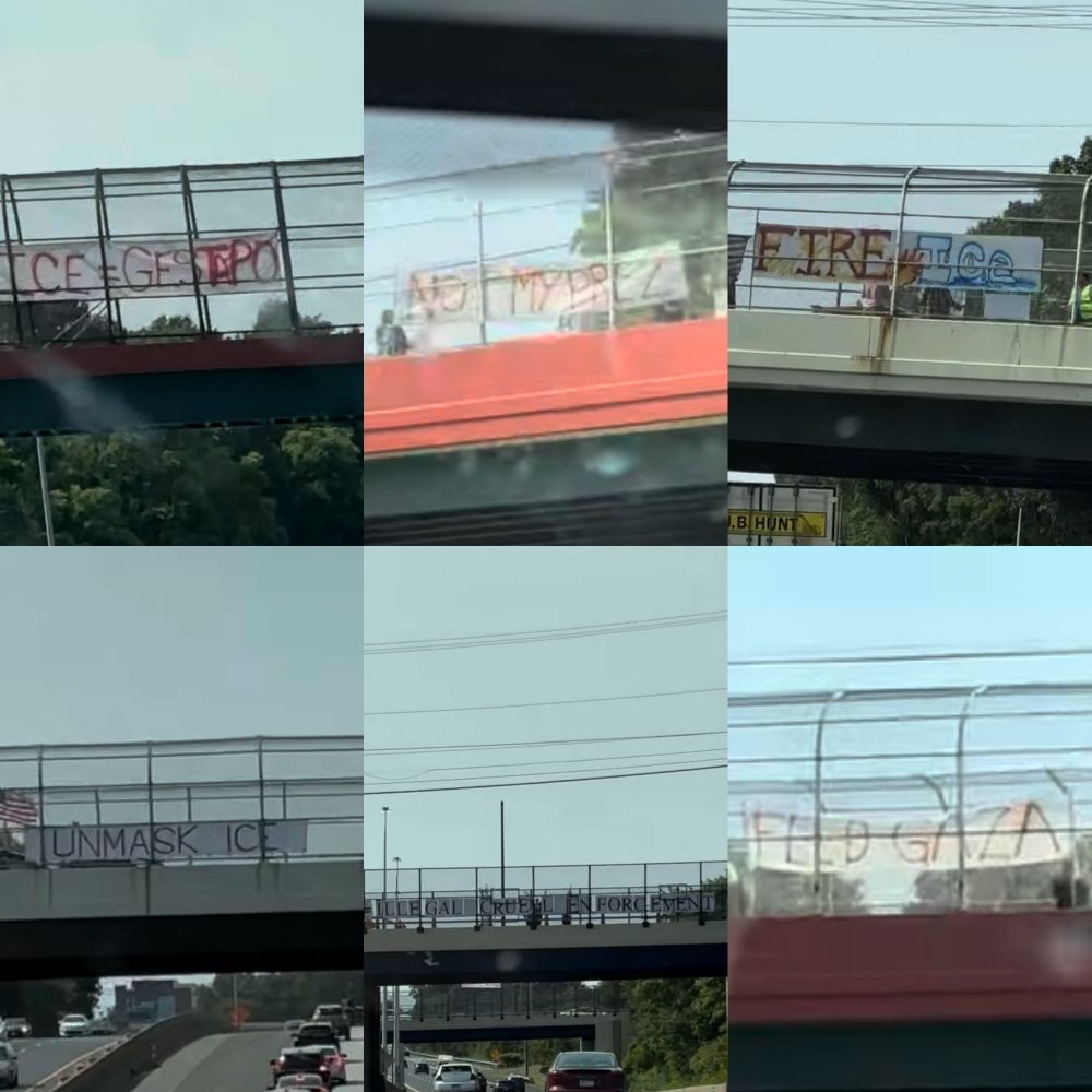 Various protest signs on highway bridges, mostly in opposition to ICE, but also one reading FEED GAZA