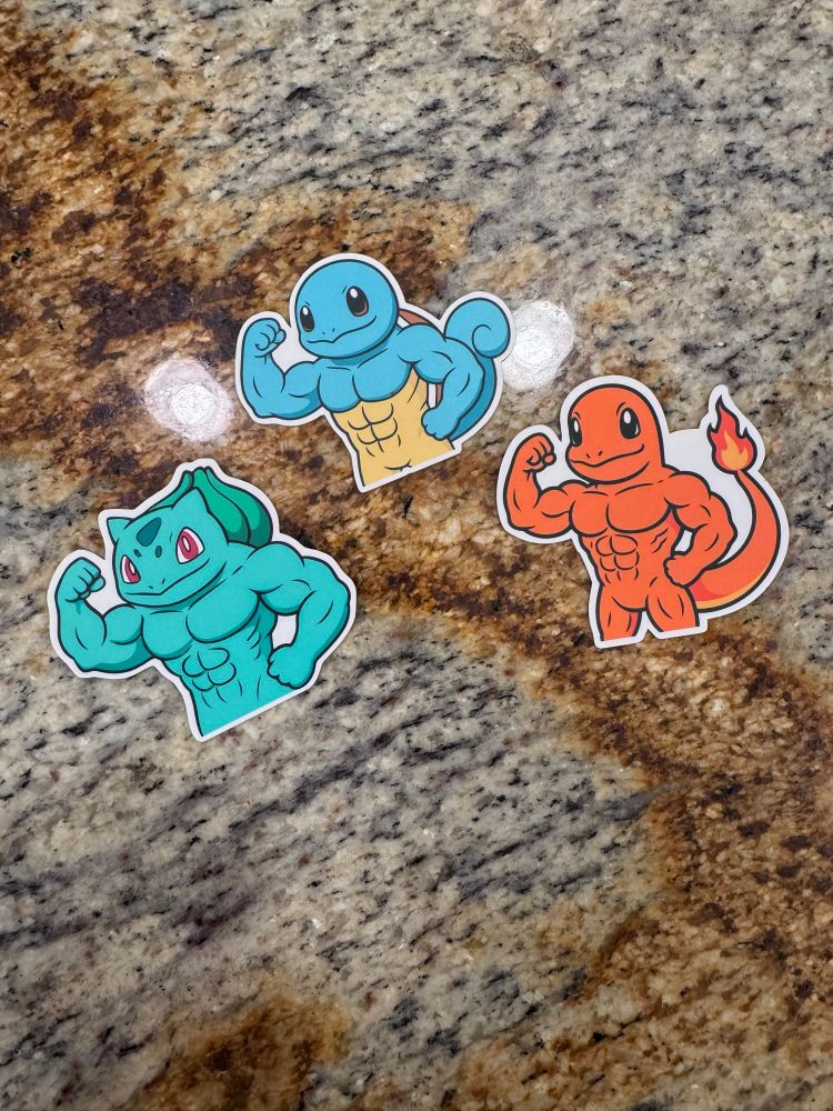 Stickers of Bulbasaur, Squirtle, and Charmander stylized with buff bodies, flexing
