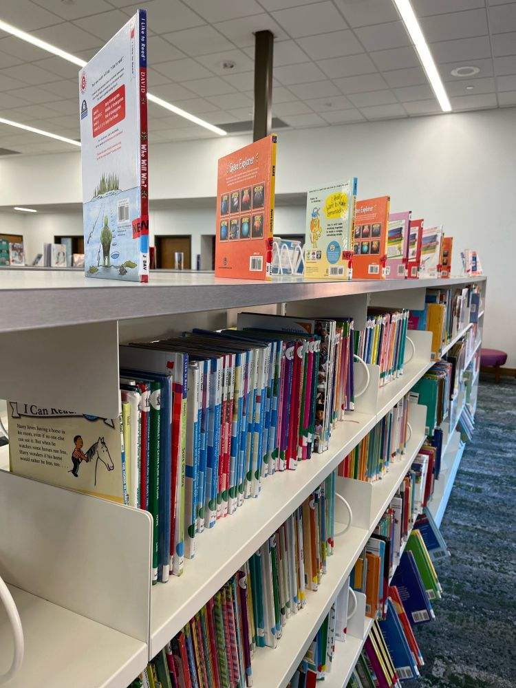 A row of children’s books in the library. 