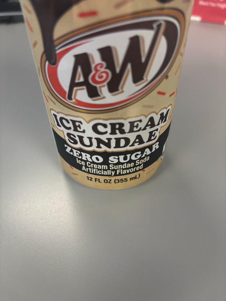 Picture of an A&W root beer can ICE CREAM SUNDAE ZERO SUGAR Ice Cream Sundae Soda Artificialy Flavored 12 FL OZ (355 mL)