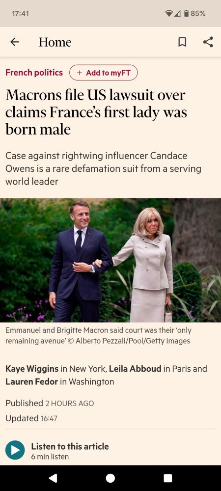 News headline 'Macrons file US lawsuit over claims France's first lady was born male'