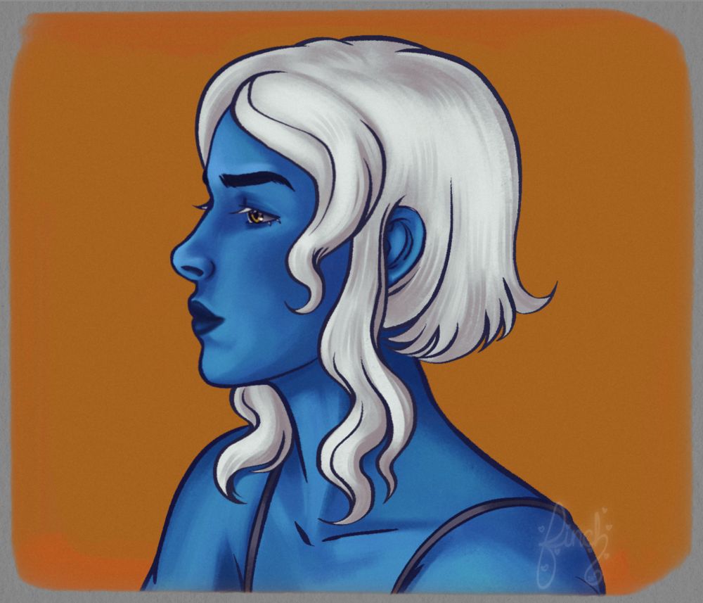 A sketch illustration portrait of Rielle my PC from the visual novel Andromeda 6. She’s a tilaari so she has blue skin and white hair cut into an exaggerated a-line. She’s in profile on a gold background.