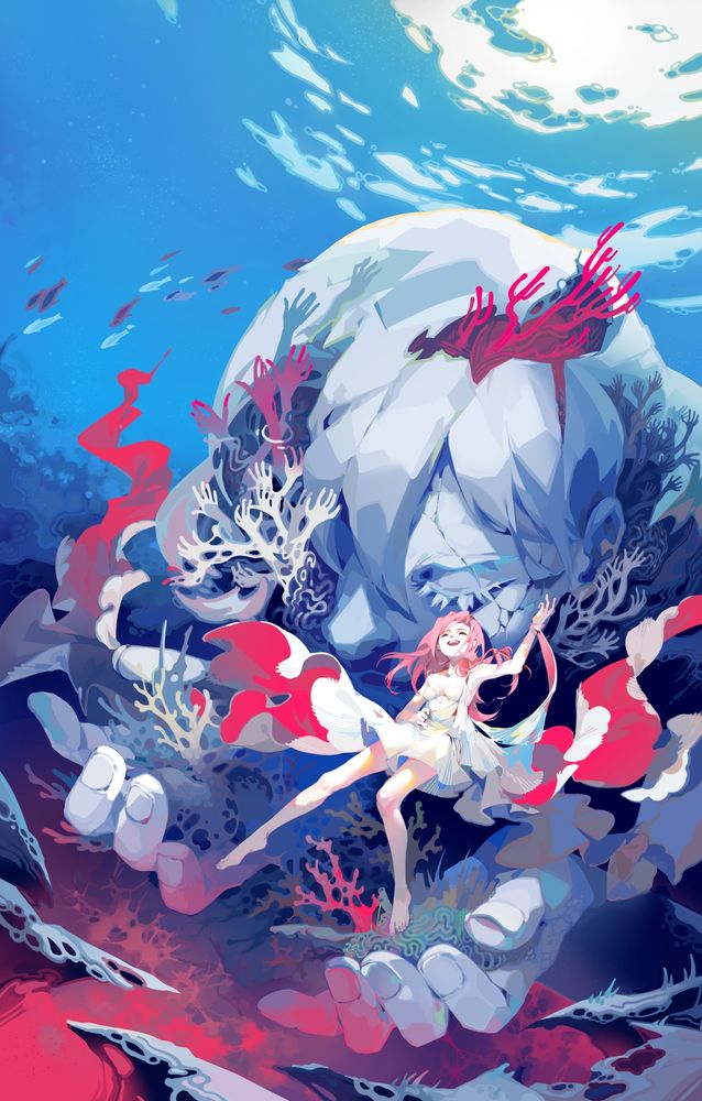 Humanity is a capricious child who floats under the ossified head of mother ocean. She wears a red and white dress, surrounded by the ghost of her mother's corals which she discolored and killed in her innocent foray into adulthood.