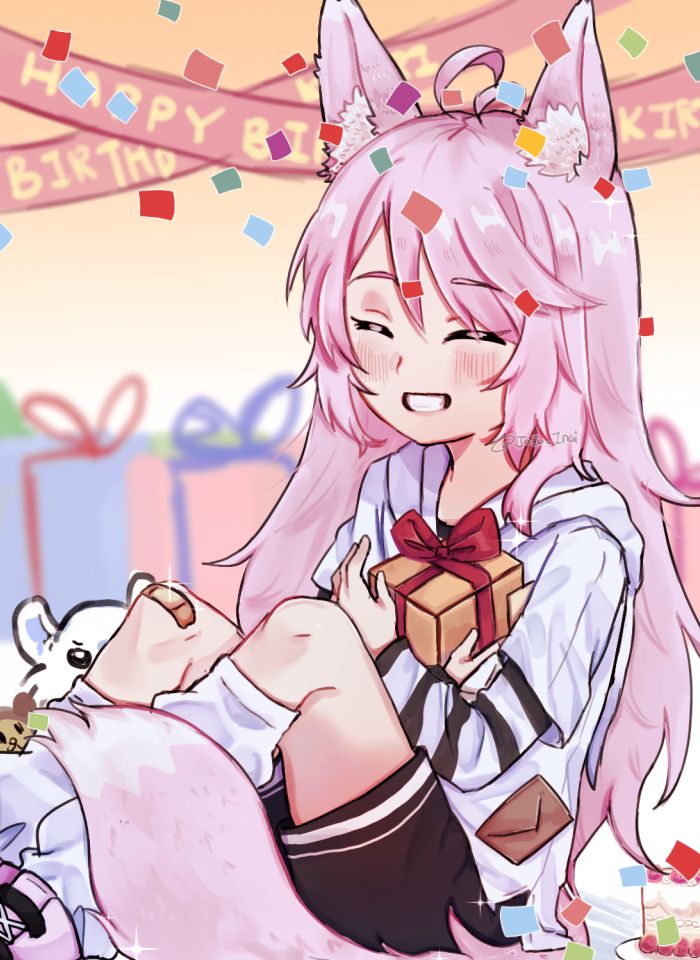 Art by @jojong-inai.bsky.social
Drawing is of my character Kiri at a birthday party with her presents.