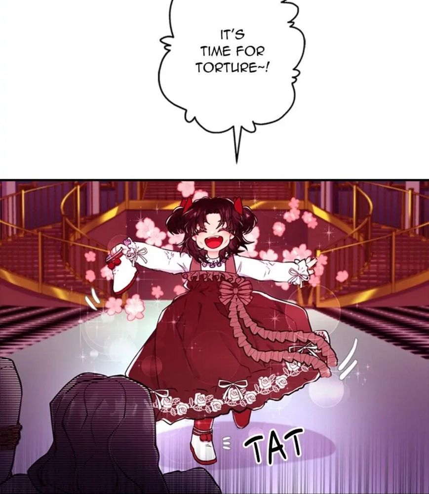 Panel from [The Male Lead's Little Lion Daughter]. The same disheveled girl, now wearing a pretty dress while dancing and proclaiming that it "it's time for torture" 