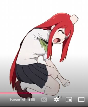 A picture of a red haired anime girl crouching down, that was generated via AI. Her arm is phasing through her head, her eyes have no pupils, she has 1 foot, and her right leg crosses over her left leg in an unnatural way, as her right foot is attached to her left leg. She's also missing her left thumb, and her fingers are curled in an unnatural way 