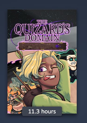The Steam library capsule image of The Quizard's Domain with a display stating that the game has been played for 11.3 hours.