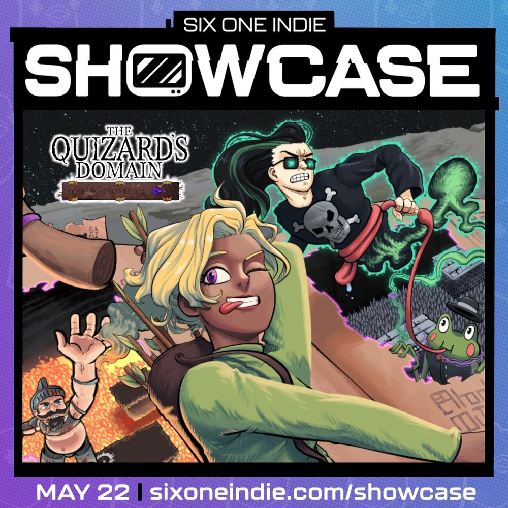The official key art of The Quizard's Domain, framed by the Six One Indie Showcase announcement.