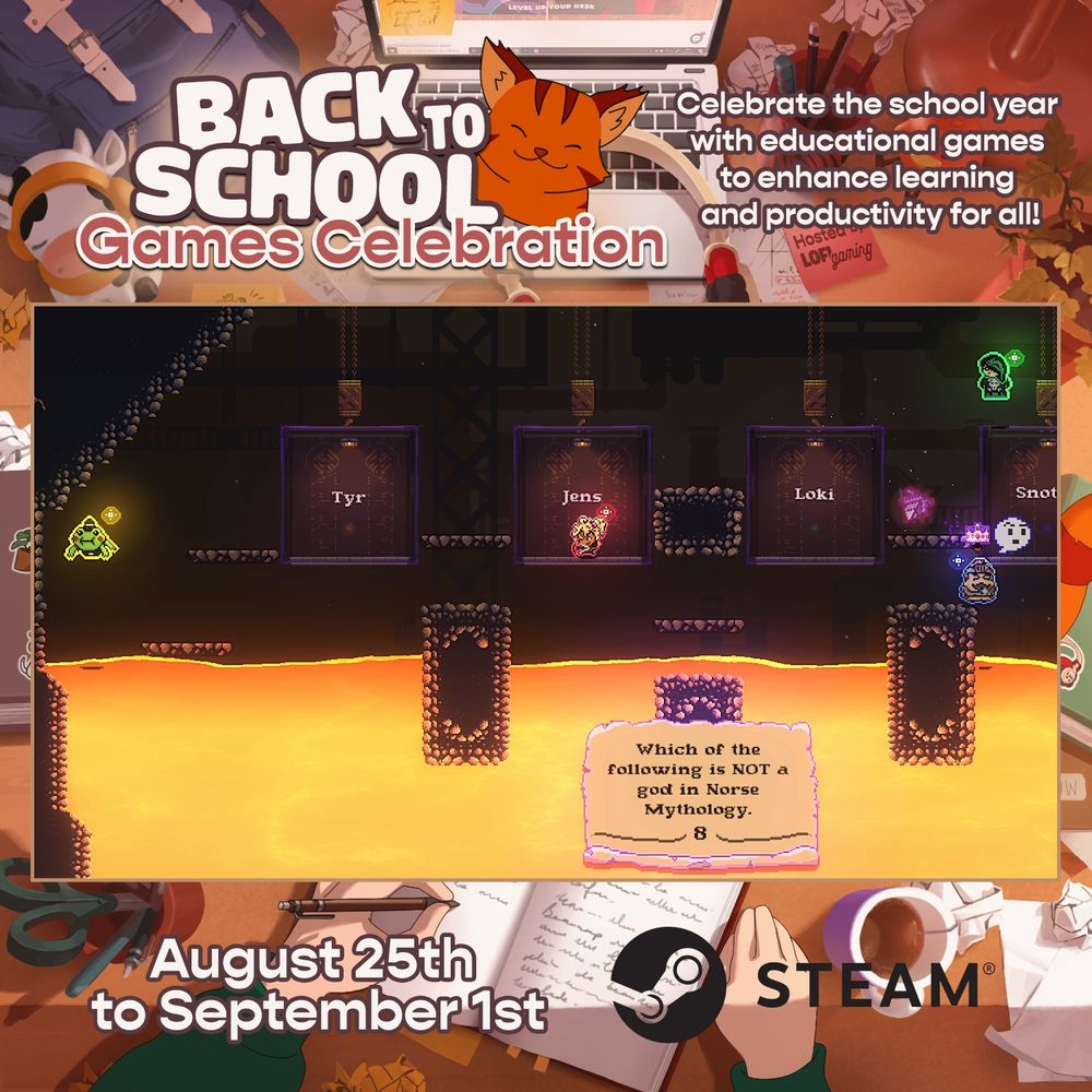 A screenshot of The Quizard's Domain. Four characters are fighting to stay out of the magma and make it to the correct elevator. Question: Which of the following is NOT a god in Norse Mythology? Wrong answers: Tyr, Loki, Snotra. Right answer: Jens.