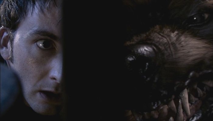 A still shot from the Doctor Who episode Tooth and Claw that looks similar to the sceen in the episode Doomsday where Ten and Rose are on opposite sides of the wall.