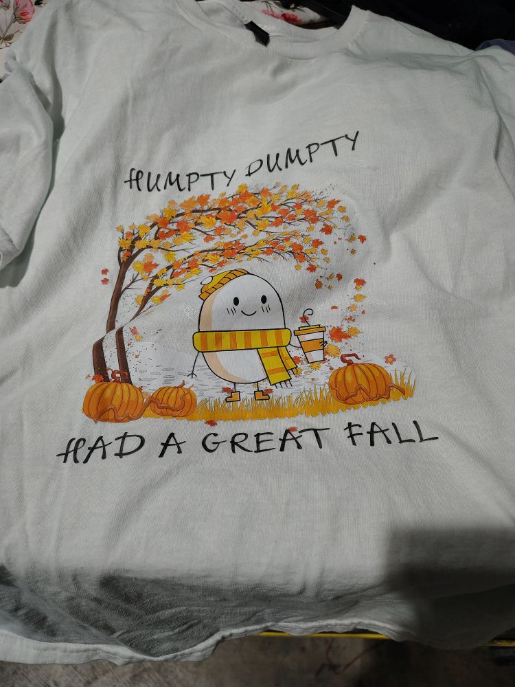 A white t-shirt depicting a happy egg in an autumn scene with text reading 