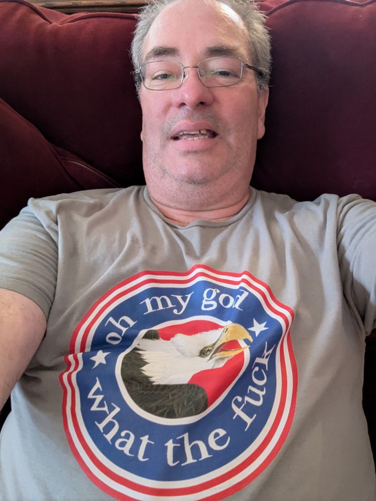 Me, an old white guy in my holiday appropriate EffinBirds t-shirt saying 